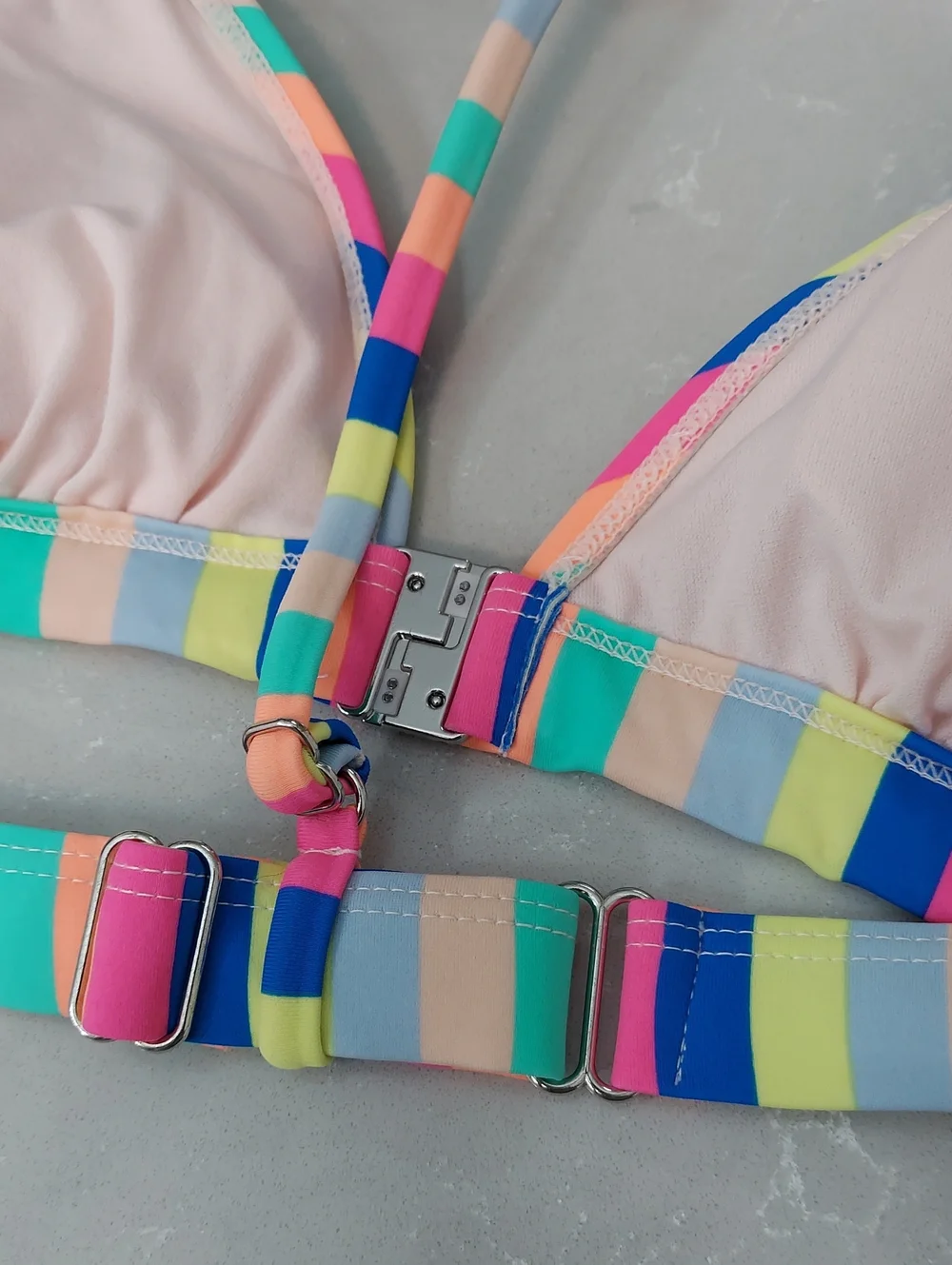 Xhileration Bikini Top, Size XL, Striped Colorful, Front Close, T-Back